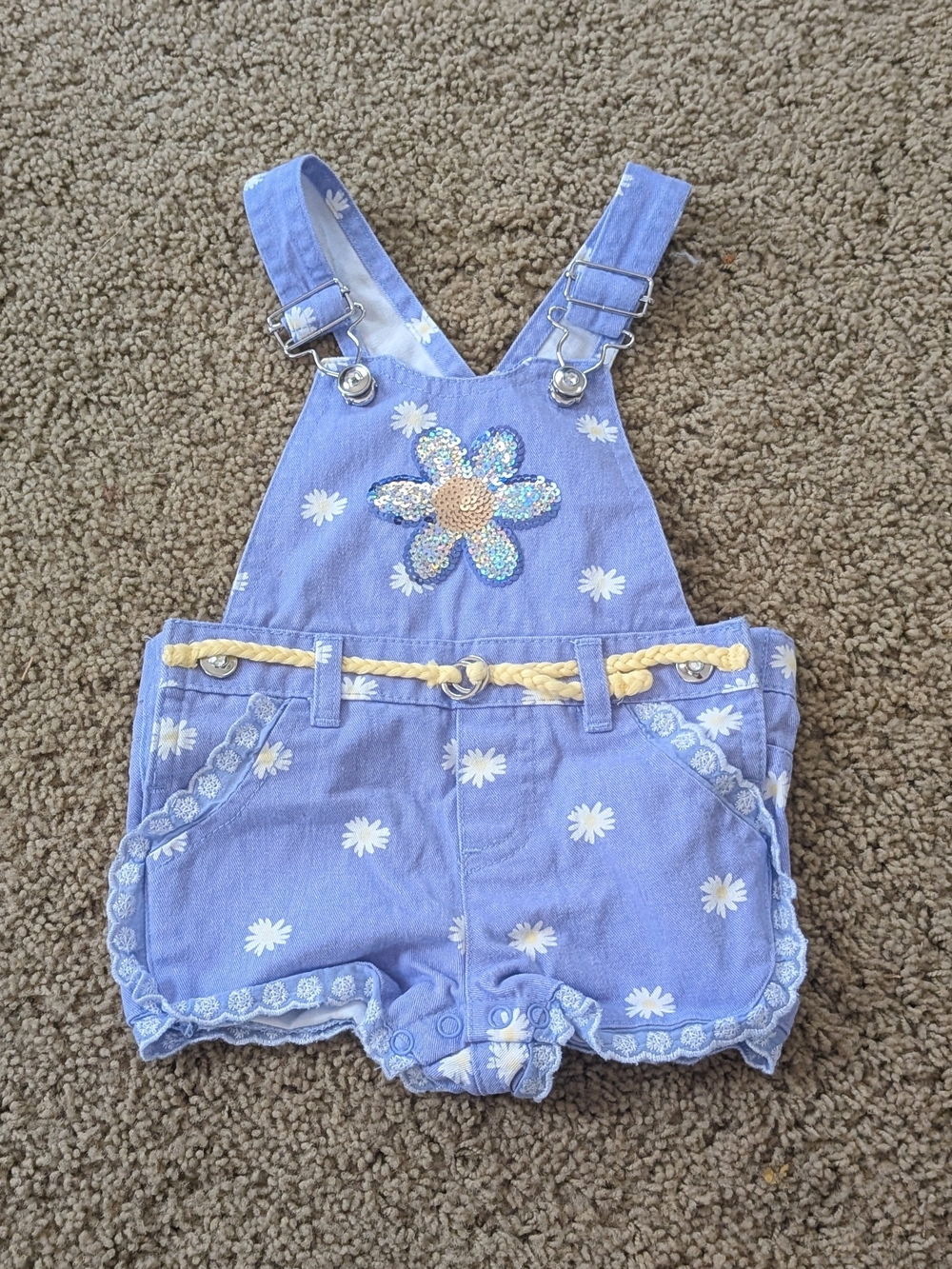 Baby Girls Lavender Daisy Sequin Flower Short Overalls with Braided Belt